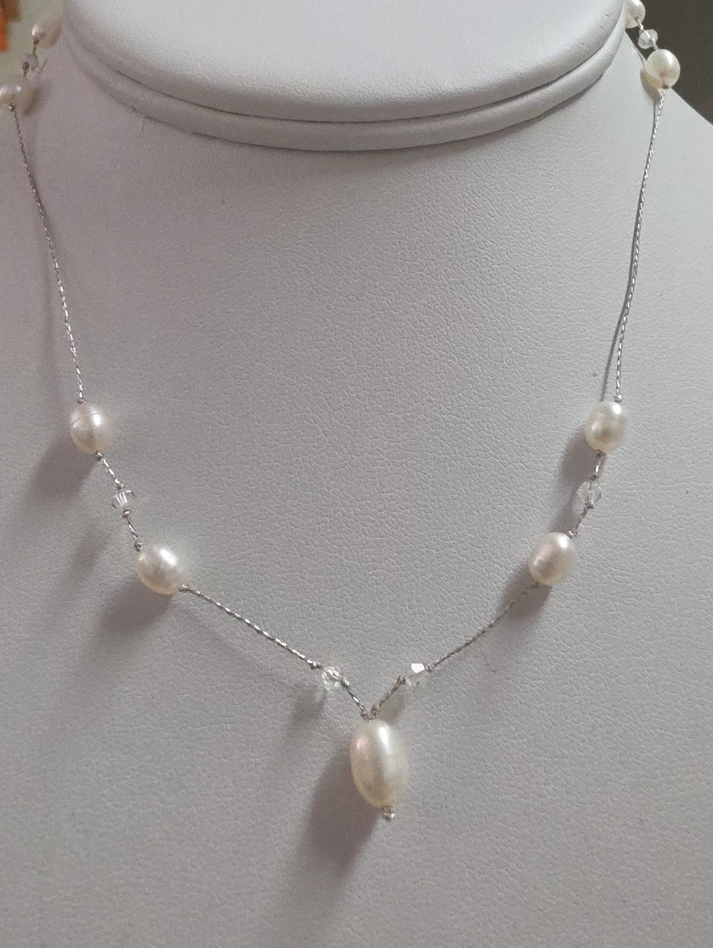 Sterling Silver Crytal and  Freshwater Pearl Station Necklace